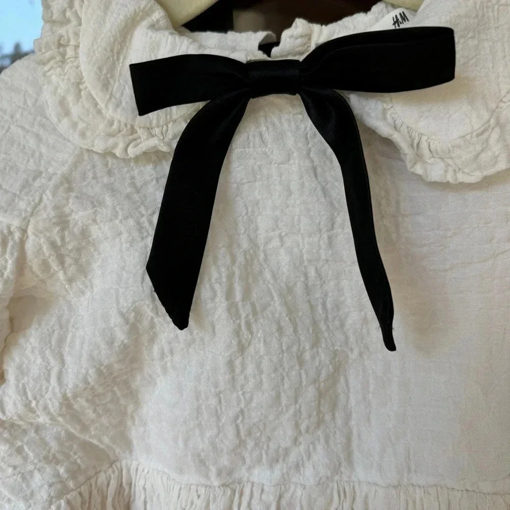 H&M kids dress textured peter pan collar toddler girl ruffle bows ivory formal